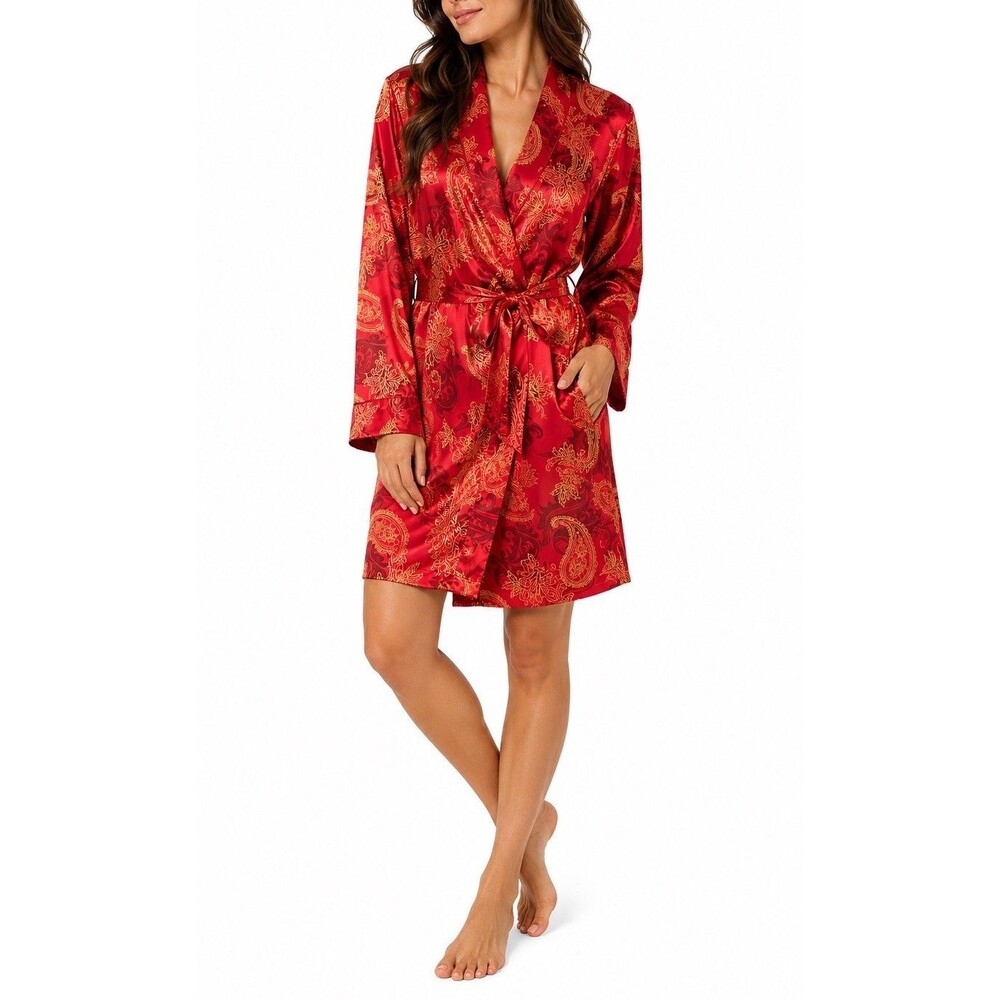Morgan Taylor Robe Women L/XL Red Paisley Satin Wrap Belted Kimono Sleepwear